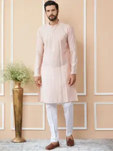 See Designs Mandarin Collar Long Sleeves Thread Work Chanderi Silk Straight Kurta