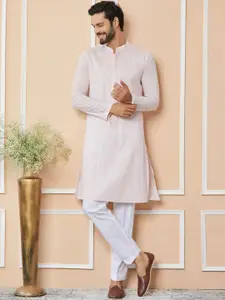 See Designs Striped Mandarin Collar Thread Work Pure Cotton Straight Kurta