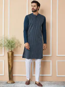 See Designs Mandarin Collar Long sleeves Striped Thread Work Cotton Straight Kurta