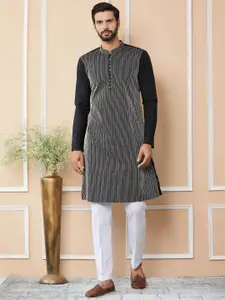 See Designs Striped Mandarin Collar Thread Work Cotton Straight Kurta
