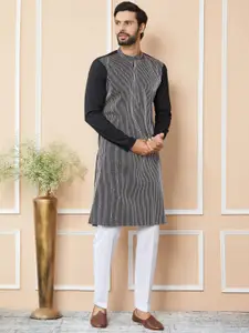 See Designs Mandarin Collar Long Sleeves Striped Thread Work Cotton Straight Kurta