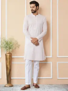 See Designs Mandarin Collar Long Sleeves Thread Work Cotton Straight Kurta