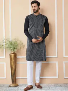 See Designs Striped Mandarin Collar Thread Work Pure Cotton Straight Kurta