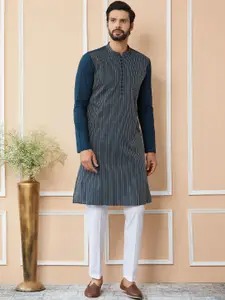 See Designs Striped Mandarin Collar Thread Work Pure Cotton Straight Kurta