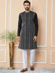 See Designs Striped Mandarin Collar Thread Work Pure Cotton Straight Kurta