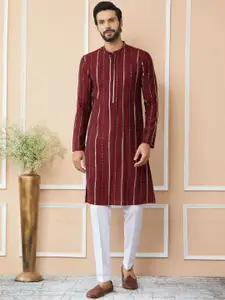 See Designs Striped Mandarin Collar Sequins Chanderi Silk Straight Kurta