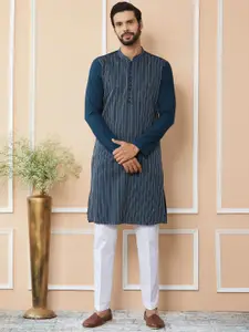 See Designs Striped Mandarin Collar Thread Work Pure Cotton Straight Kurta