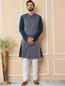 See Designs Striped Mandarin Collar Thread Work Pure Cotton Straight Kurta