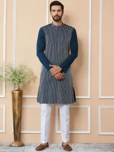 See Designs Striped Mandarin Collar Thread Work Pure Cotton Straight Kurta