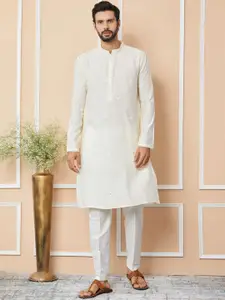 See Designs Floral Embroidered Mandarin Collar Thread Work Chanderi Silk Straight Kurta