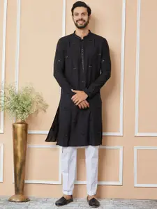 See Designs Floral Embroidered Mandarin Collar Thread Work Chanderi Silk Straight Kurta