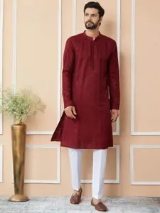 See Designs Mandarin Collar Long Sleeves Thread Work Chanderi Silk Straight Kurta
