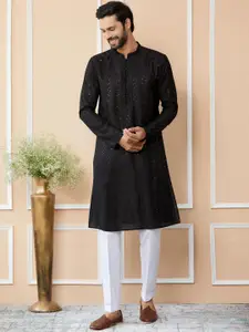 See Designs Mandarin Collar Geometric Printed Thread Work Chanderi Silk Kurta