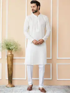 See Designs Striped Mandarin Collar Thread Work Chanderi Silk Straight Kurta