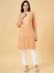 RANGMANCH BY PANTALOONS Floral Printed Gotta Patti Mandarin Collar Pure Cotton Kurta