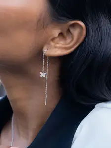 SHAYA Rhodium-Plated Contemporary Cubic Zirconia Drop Earrings