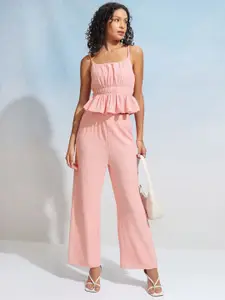 Tokyo Talkies Pink Striped Shoulder Strap Peplum Top With Trousers