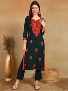 KALINI Floral Embroidered Thread Work Straight Kurta