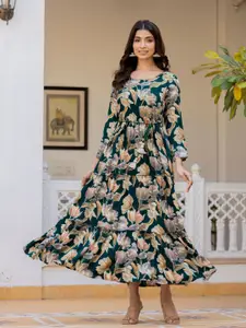 FASHION DWAR Floral Print Bell Sleeve Applique Maxi Dress