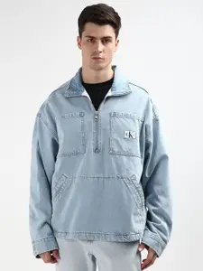 Calvin Klein Men  Solid  Crop Open Front   Denim Jacket