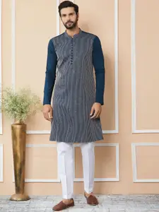 See Designs Striped Mandarin Collar Thread Work Pure Cotton Straight Kurta With Trousers