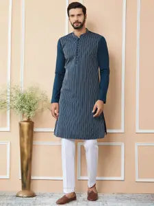 See Designs Striped Mandarin Collar Thread Work Pure Cotton Straight Kurta With Trousers