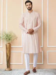 See Designs Striped Mandarin Collar Thread Work Pure Cotton Straight Kurta With Trousers