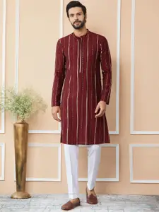 See Designs Striped Mandarin Collar Thread Work Straight Kurta With Trousers
