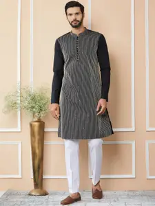 See Designs Striped Mandarin Collar Thread Work Pure Cotton Straight Kurta With Trousers