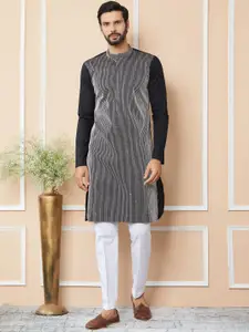 See Designs Striped Mandarin Collar Thread Work Pure Cotton Straight Kurta With Trousers