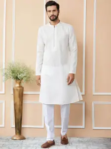 See Designs Striped Mandarin Collar Thread Work Chanderi Silk Straight Kurta With Trousers