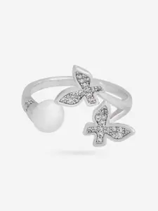 Kushal's Fashion Jewellery Rhodium-Plated Zircon & Pearl Studded Finger Ring