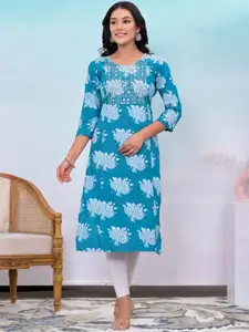 KALINI Floral Printed Mirror Work Straight Kurta