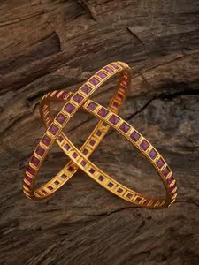 Kushal's Fashion Jewellery Set Of 2 Gold-Plated Artificial Stones Studded Antique Bangles