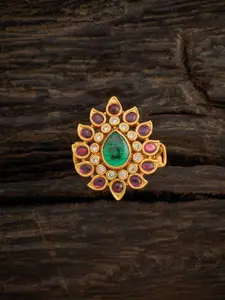 Kushal's Fashion Jewellery Gold Plated Stone Studded Temple 92.5 Silver Finger Ring