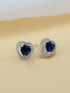 PRIVIU Rhodium-Plated Heart Shaped American Diamond Studs Earrings