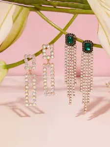 AMI Set Of 2 Gold Plated Stone Studded Contemporary Drop Earrings