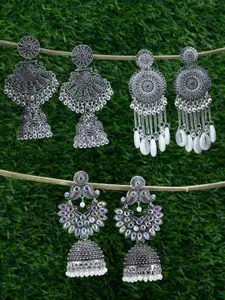 PRIVIU Set Of 3 Silver-Plated Teardrop Shaped  Oxidised Earrings