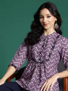 Sangria Chevron Printed Pure Cotton Pleated Short Kurti