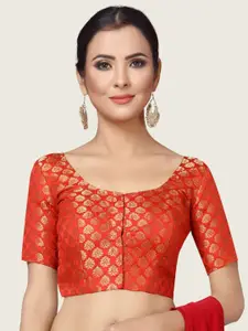 Studio Shringaar Round Neck Short Sleeves Woven-Design Saree Blouse