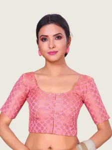 Studio Shringaar Round Neck Short Sleeves Woven-Design Saree Blouse