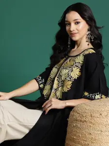 Sangria Floral Embroidered Flared Sleeves Thread Work Jacquard Kaftan Kurta
