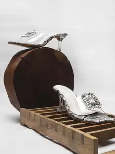 DressBerry White Embellished Open Toe Block Heels