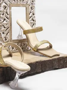 DressBerry Beige Embellished Open Toe Block Heels