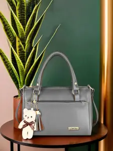 LOREM Women Grey Luxurious Faux Leather Handbag With Teddy Bear