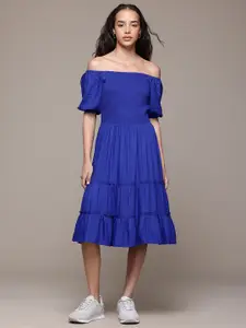 Roadster Off-Shoulder Puff Sleeves Smocked Tiered Fit & Flare Dress