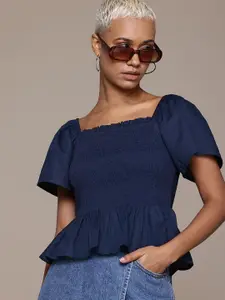 Roadster Flared Sleeves Smocked Cotton Poplin Peplum Top