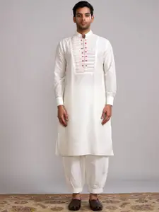 Abhishti Embroided Yoke Design Mandarin Collar Long Sleeves Cotton Silk Straight Kurta