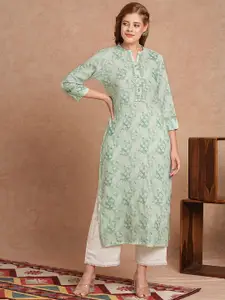 INDYES Geometric Yoke Design Three-Quarter Sleeves Mirror Work Kurta