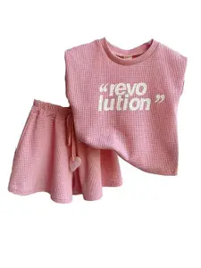 StyleCast x Revolte Girls Typographic Self Design Round Neck Pure Cotton Top with Shorts